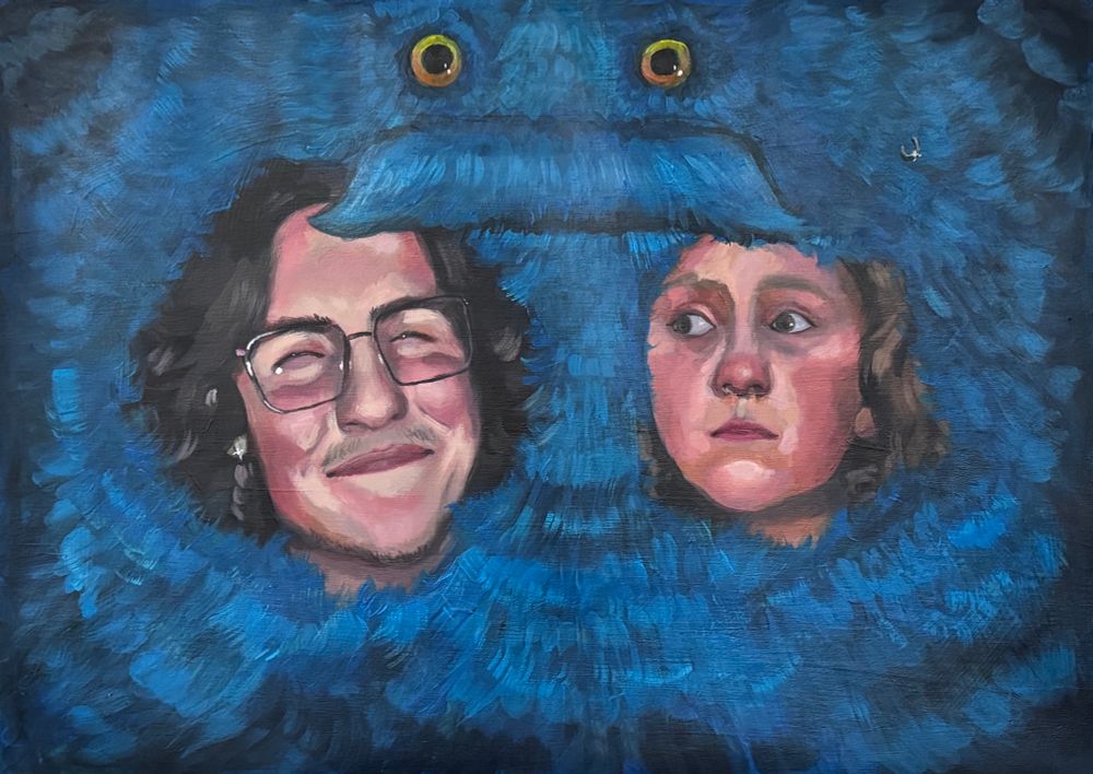 a portrait of myself as a child vs. now is nestled in the blue fur of a large hairy creature. my expression as a child is worried and uncomfortable, compared to my happy expression as current max. the creature has big round yellow eyes, a goofy handlebar mustache and a single hoop earring matching one i have today. 