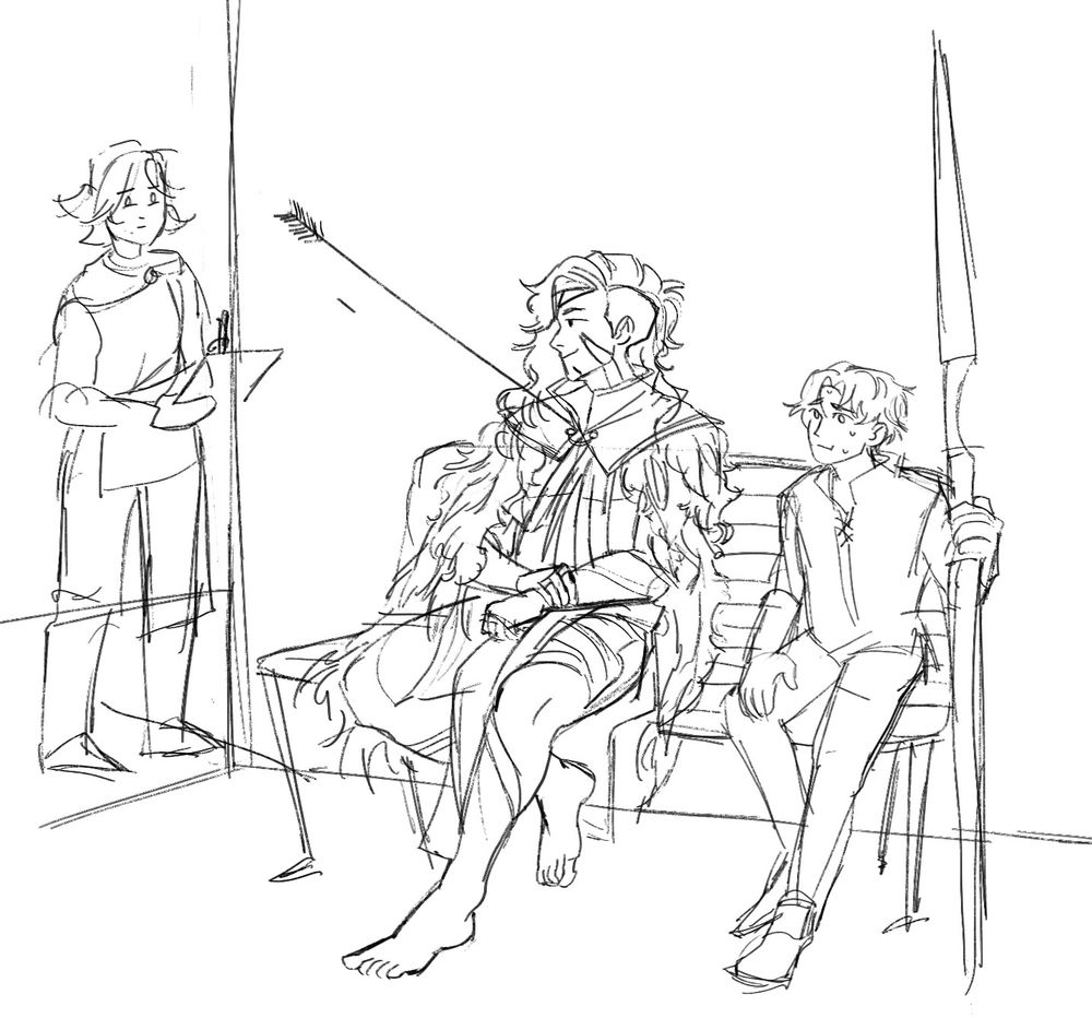 Ghat (left) stands with a clipboard unsurprised as Sumath (middle) sits on the bench with an arrow in his chest. Kassadin (right) sits next to him holding a longbow.