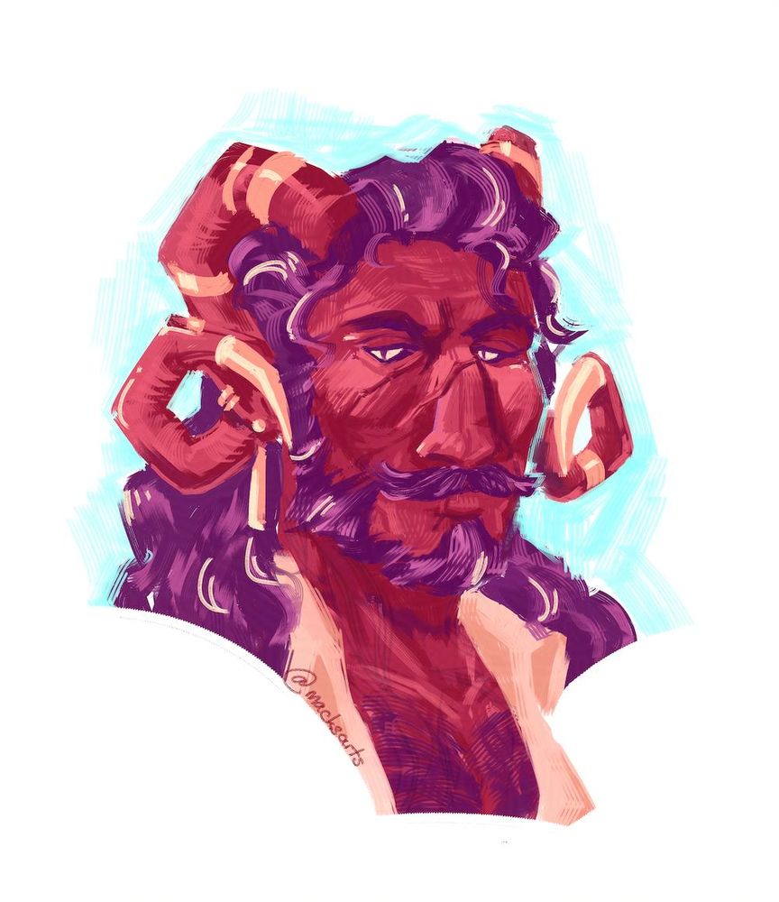 Headshot portrait of my tiefling, Quamar looking at the viewer. 