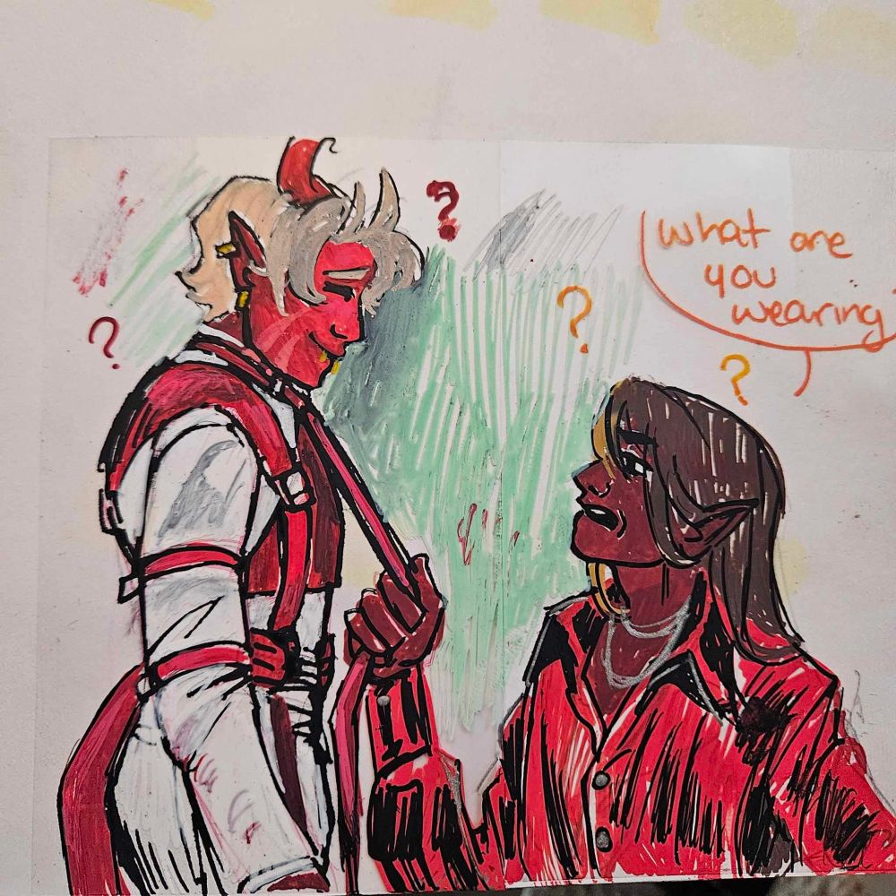 Sketch of Cass (left) in a heavily belt-designed KPOP outfit and Larry (right) in a nice red dresshirt. Larry is asking Cass "What are you wearing?" While pulling down on the leashed collar part of Cass' outfit. 