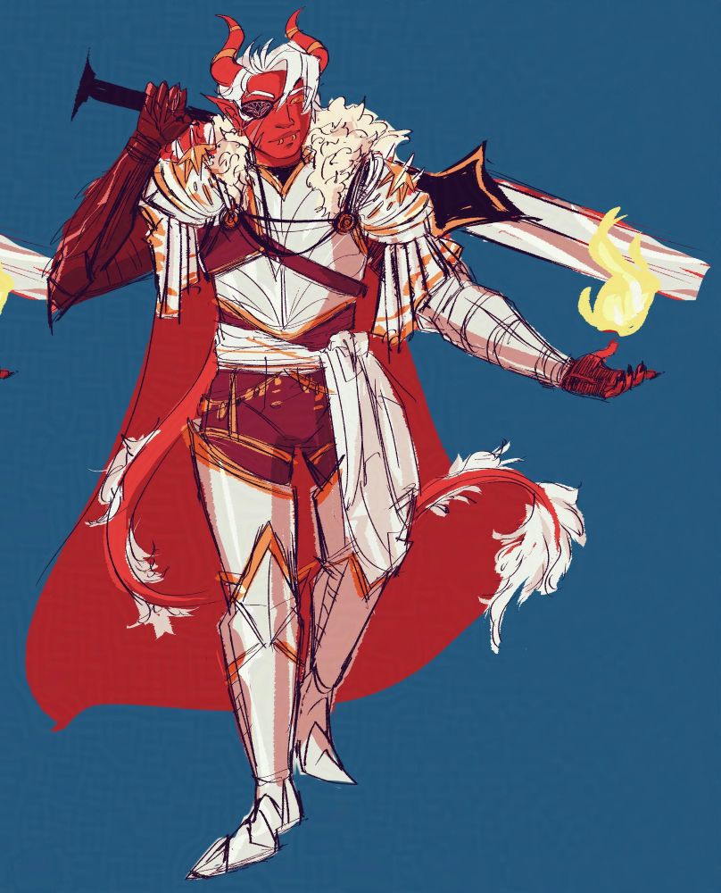 Cassius, a red tiefling, sketched in a set of white flashy armor with a big fur-lined, red cape and a giant sword.