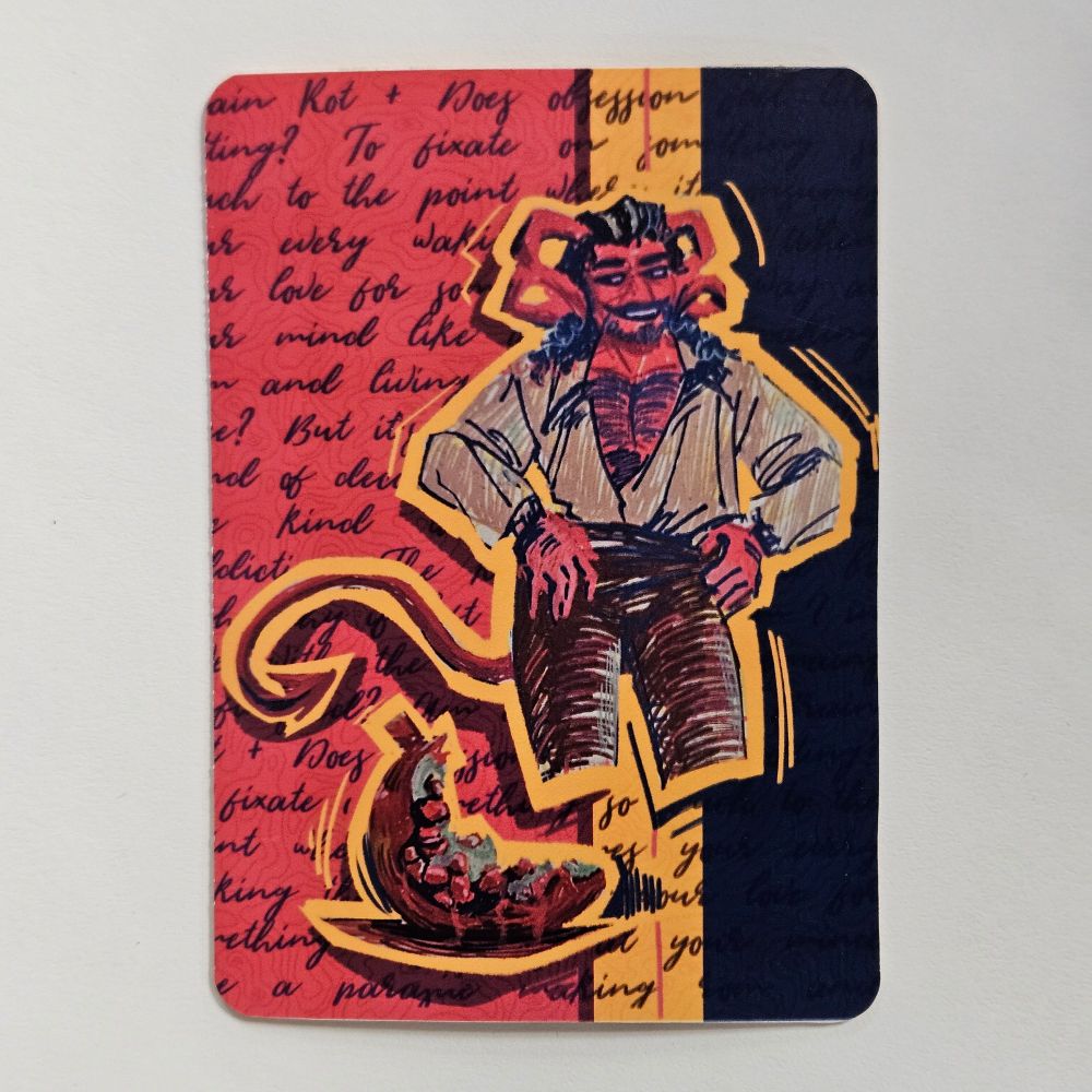 Digital collage of my tiefling Quamar sketch with a drawing of a partially eaten pomegranate. Sketches are above a wall of text that speaks about Brain Rot in a loop. 