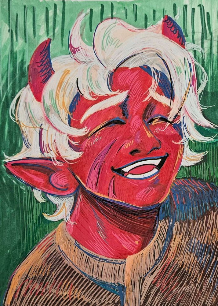 Smiling Cass probably mid laugh. Drawn traditionally with markers and acrylic pens