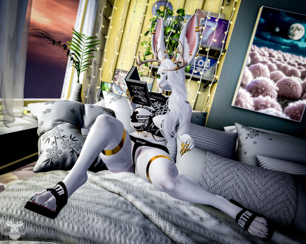 Sprawled out lazily on a bed with her book, the jackalope enjoys the day.

Blog post for Kottr.