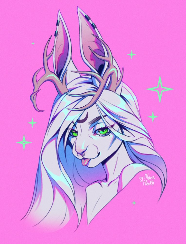 White jackalope with green eyes headshot on pink background