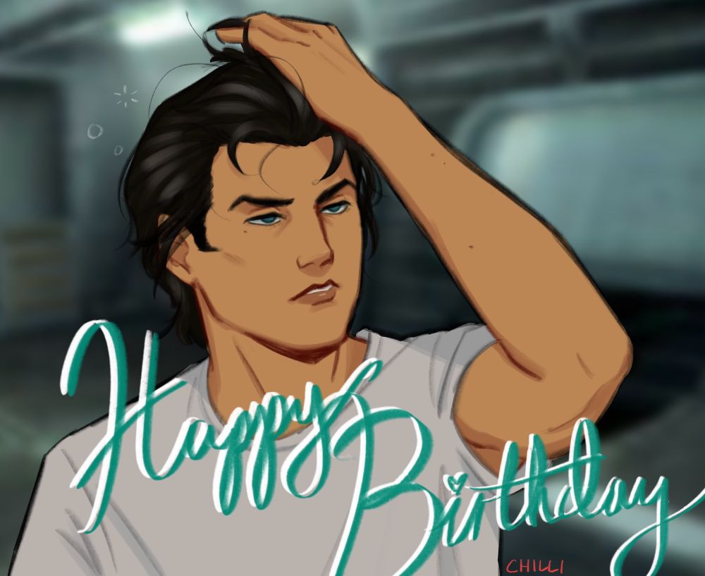 A portrait of Butch DeLoria from Fallout 3. He runs a hand through his messy hair with a sleepy expression, like he just woke up. He is wearing a simple white t-shirt. “Happy Birthday” is written across the image in cursive. 
