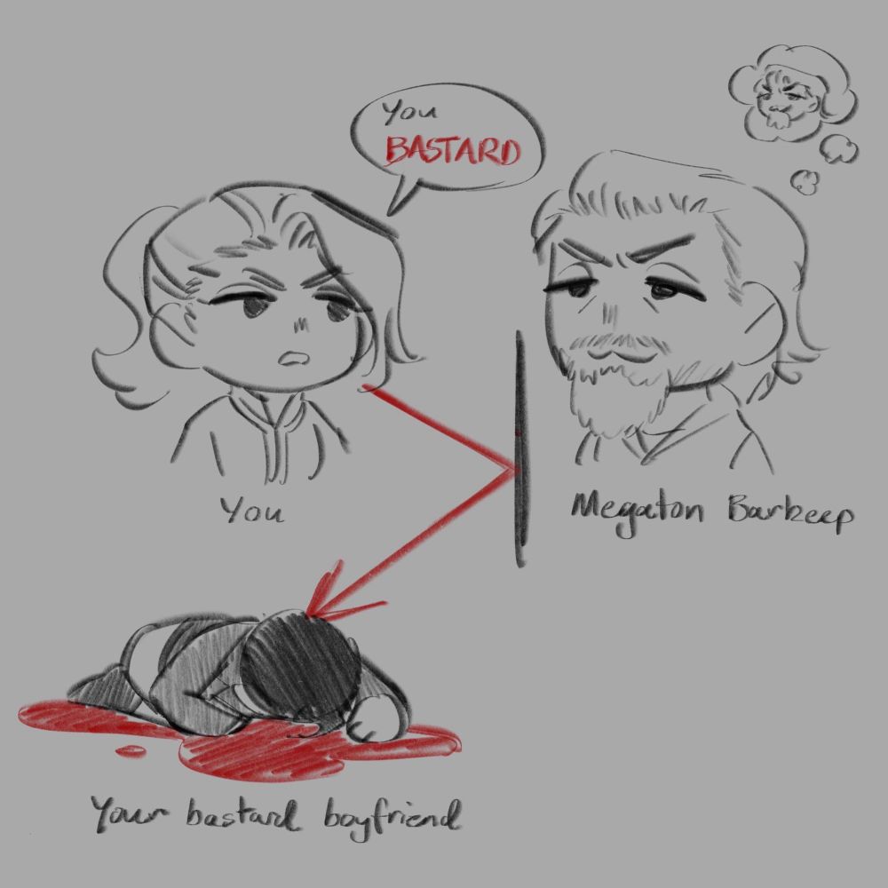 The Lone Wanderer (captioned ‘You’) says “You BASTARD”. A red line leaves her mouth directed at Colin Moriarty (captioned ‘Megaton Barkeep’), but the line is reflected and instead hits Butch DeLoria (captioned ‘Your bastard boyfriend’), who is lying in a puddle of blood.