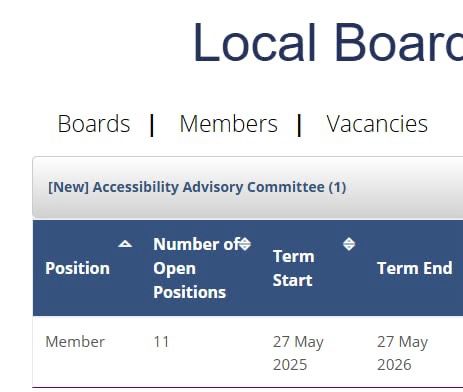Screenshot from the city of Guelph boards and committees website showing 11 vacancies on the Accessibility Advisory Committee, with a term that is supposed to start on May 27, 2025. The advisory committee only has 11 members.