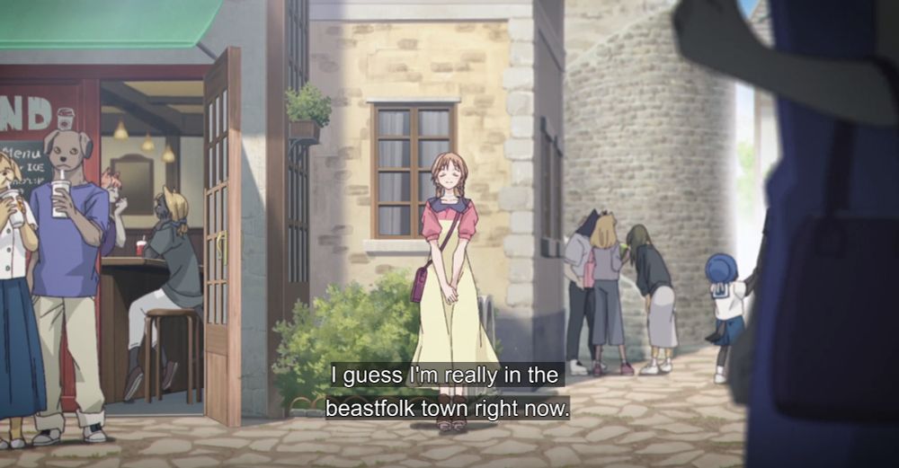 a girl in a nice summer dress standing in the middle of the road of a nice small town. Except for her though everyone is an animal person. She has a content expression on her face and thinks to herself "i guess I'm really in the beastfolk town right now."