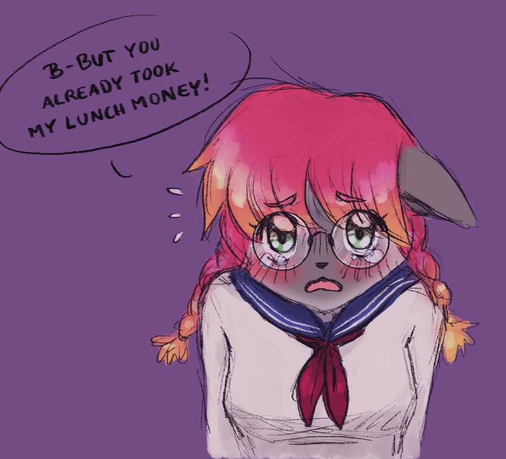 A cat-schoolgirl with glasses looks at her bully with pleading eyes saying "b-but you already took my lunch money!"
