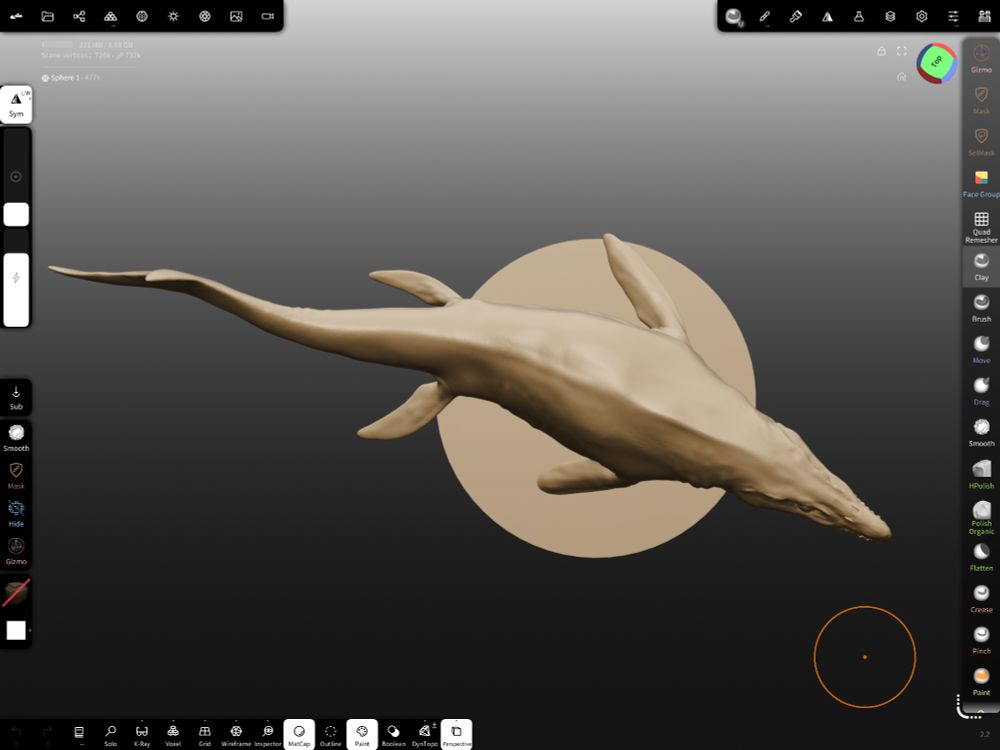 3D model of a mosasaur in progress, showing detailed skull, elongated body, flippers, and textured scales.