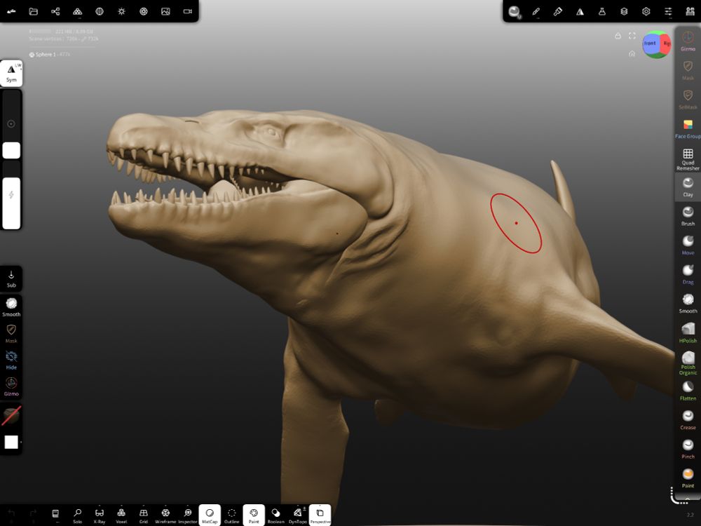 3D model of a mosasaur in progress, showing detailed skull, elongated body, flippers, and textured scales.