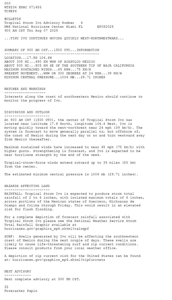 
        000WTPZ34 KNHC 071455TCPEP4 BULLETINTropical Storm Ivo Advisory Number   4NWS National Hurricane Center Miami FL       EP092025900 AM CST Thu Aug 07 2025 ...TINY IVO CONTINUES MOVING QUICKLY WEST-NORTHWESTWARD...  SUMMARY OF 900 AM CST...1500 UTC...INFORMATION----------------------------------------------LOCATION...17.8N 104.4WABOUT 305 MI...490 KM WNW OF ACAPULCO MEXICOABOUT 500 MI...805 KM SE OF THE SOUTHERN TIP OF BAJA CALIFORNIAMAXIMUM SUSTAINED WINDS...45 MPH...75 KM/HPRESENT MOVEMENT...WNW OR 300 DEGREES AT 24 MPH...39 KM/HMINIMUM CENTRAL PRESSURE...1006 MB...29.71 INCHES  WATCHES AND WARNINGS--------------------Interests along the coast of southwestern Mexico should continue tomonitor the progress of Ivo.  DISCUSSION AND OUTLOOK----------------------At 900 AM CST (1500 UTC), the center of Tropical Storm Ivo was located near latitude 17.8 North, longitude 104.4 West. Ivo is moving quickly toward the west-northwest near 24 mph (39 km/h). The system is forecast to move generally parallel to, but offshore of, the coast of Mexico during the next day or so and turn westward away from Mexico thereafter. Maximum sustained winds have increased to near 45 mph (75 km/h) withhigher gusts. Strengthening is forecast, and Ivo is expected to benear hurricane strength by the end of the week. Tropical-storm-force winds extend outward up to 35 miles (55 km)from the center. The estimated minimum central pressure is 1006 mb (29.71 inches).  HAZARDS AFFECTING LAND----------------------RAINFALL: Tropical Storm Ivo is expected to produce storm totalrainfall of 2 to 4 inches, with isolated maximum totals of 6 inches,across portions of the Mexican states of Guerrero, Michoacan deOcampo and Colima through Friday. This would result in an elevatedrisk for flash flooding. For a complete depiction of forecast rainfall associated withTropical Storm Ivo please see the National Weather Service StormTotal Rainfall Graphic available athurricanes.gov/graphics_ep4.shtml?rainqpf SURF:  Swells generated by Ivo will be affecting the southwesterncoast of Mexico during the next couple of days. These swells arelikely to cause life-threatening surf and rip current conditions.Please consult products from your local weather office. A depiction of rip current risk for the United States can be foundat: hurricanes.gov/graphics_ep4.shtml?ripCurrnets  NEXT ADVISORY-------------Next complete advisory at 300 PM CST. $$Forecaster Papin
      