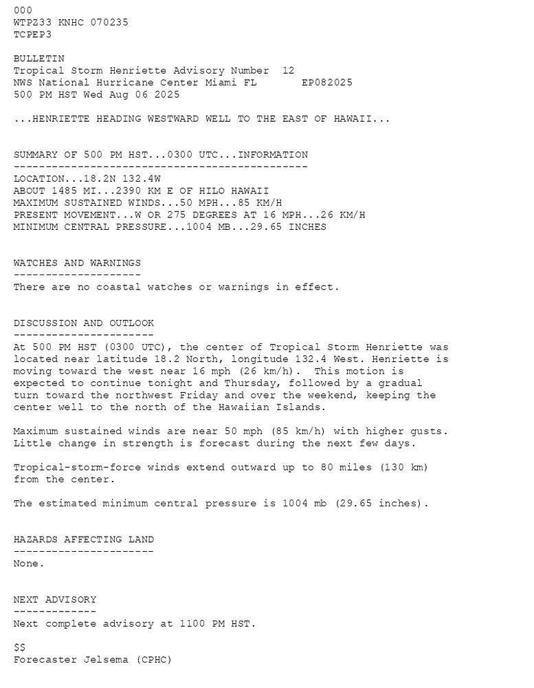 
        000WTPZ33 KNHC 070235TCPEP3 BULLETINTropical Storm Henriette Advisory Number  12NWS National Hurricane Center Miami FL       EP082025500 PM HST Wed Aug 06 2025 ...HENRIETTE HEADING WESTWARD WELL TO THE EAST OF HAWAII...  SUMMARY OF 500 PM HST...0300 UTC...INFORMATION----------------------------------------------LOCATION...18.2N 132.4WABOUT 1485 MI...2390 KM E OF HILO HAWAIIMAXIMUM SUSTAINED WINDS...50 MPH...85 KM/HPRESENT MOVEMENT...W OR 275 DEGREES AT 16 MPH...26 KM/HMINIMUM CENTRAL PRESSURE...1004 MB...29.65 INCHES  WATCHES AND WARNINGS--------------------There are no coastal watches or warnings in effect.  DISCUSSION AND OUTLOOK----------------------At 500 PM HST (0300 UTC), the center of Tropical Storm Henriette was located near latitude 18.2 North, longitude 132.4 West. Henriette is moving toward the west near 16 mph (26 km/h).  This motion is expected to continue tonight and Thursday, followed by a gradual turn toward the northwest Friday and over the weekend, keeping the center well to the north of the Hawaiian Islands. Maximum sustained winds are near 50 mph (85 km/h) with higher gusts.Little change in strength is forecast during the next few days. Tropical-storm-force winds extend outward up to 80 miles (130 km)from the center. The estimated minimum central pressure is 1004 mb (29.65 inches).  HAZARDS AFFECTING LAND----------------------None.  NEXT ADVISORY-------------Next complete advisory at 1100 PM HST. $$Forecaster Jelsema (CPHC)
      