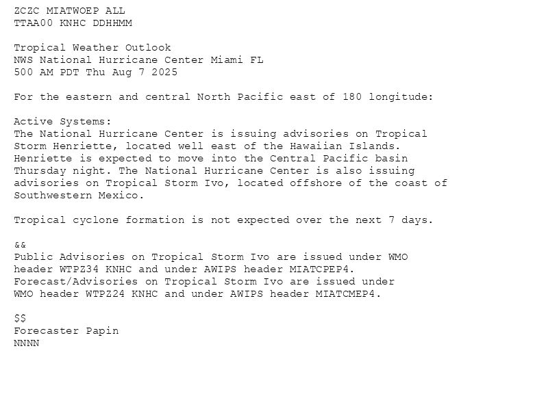 
ZCZC MIATWOEP ALL<br>TTAA00 KNHC DDHHMM<br><br>Tropical Weather Outlook<br>NWS National Hurricane Center Miami FL<br>500 AM PDT Thu Aug 7 2025<br><br>For the eastern and central North Pacific east of 180 longitude:<br><br>Active Systems: <br>The National Hurricane Center is issuing advisories on Tropical <br>Storm Henriette, located well east of the Hawaiian Islands. <br>Henriette is expected to move into the Central Pacific basin <br>Thursday night. The National Hurricane Center is also issuing <br>advisories on Tropical Storm Ivo, located offshore of the coast of <br>Southwestern Mexico. <br><br>Tropical cyclone formation is not expected over the next 7 days. <br><br>&&<br>Public Advisories on Tropical Storm Ivo are issued under WMO <br>header WTPZ34 KNHC and under AWIPS header MIATCPEP4. <br>Forecast/Advisories on Tropical Storm Ivo are issued under <br>WMO header WTPZ24 KNHC and under AWIPS header MIATCMEP4. <br><br>$$<br>Forecaster Papin<br>NNNN<br><br><br>

