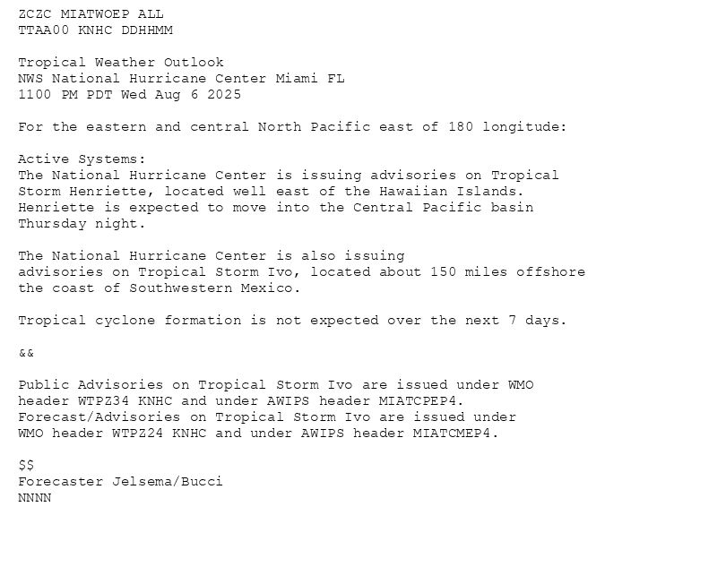 
ZCZC MIATWOEP ALL<br>TTAA00 KNHC DDHHMM<br><br>Tropical Weather Outlook<br>NWS National Hurricane Center Miami FL<br>1100 PM PDT Wed Aug 6 2025<br><br>For the eastern and central North Pacific east of 180 longitude:<br><br>Active Systems: <br>The National Hurricane Center is issuing advisories on Tropical <br>Storm Henriette, located well east of the Hawaiian Islands. <br>Henriette is expected to move into the Central Pacific basin <br>Thursday night. <br><br>The National Hurricane Center is also issuing <br>advisories on Tropical Storm Ivo, located about 150 miles offshore <br>the coast of Southwestern Mexico. <br><br>Tropical cyclone formation is not expected over the next 7 days. <br><br>&&<br><br>Public Advisories on Tropical Storm Ivo are issued under WMO <br>header WTPZ34 KNHC and under AWIPS header MIATCPEP4. <br>Forecast/Advisories on Tropical Storm Ivo are issued under <br>WMO header WTPZ24 KNHC and under AWIPS header MIATCMEP4. <br><br>$$<br>Forecaster Jelsema/Bucci<br>NNNN<br><br><br>

