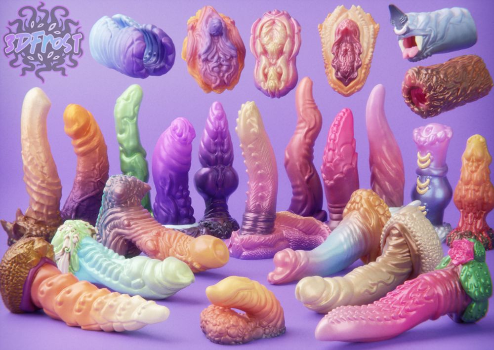 A selection of colorful fantasy toys, primarily dildos.