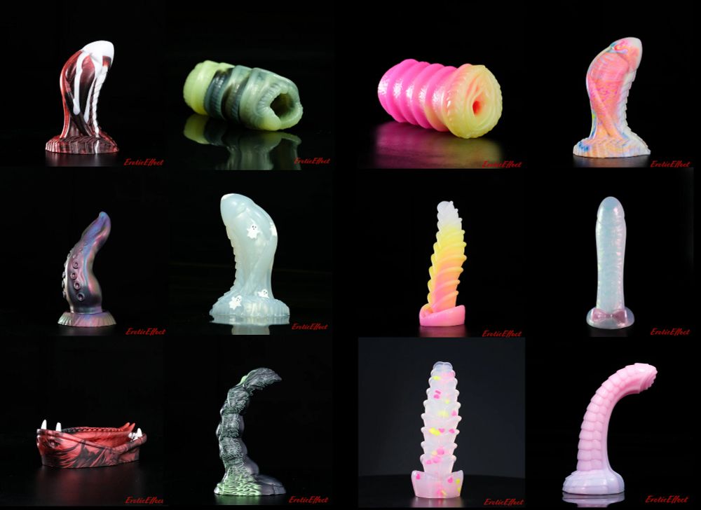 A selection of fantasy sex toys, including strokers and dildos. Some are in seasonal spooky colors while others are pink-focused.
