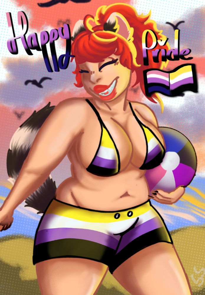 Art of a non-binary person with non-binary flag bikini holding a genderfluid flag beach ball