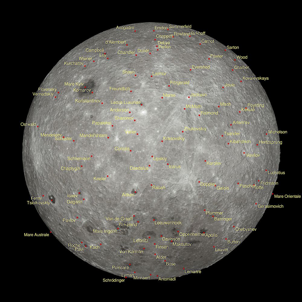 Dark side of the moon with about 100 named craters and mares.