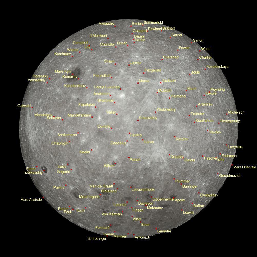 Far side of the moon with about 100 craters marked and labeled.