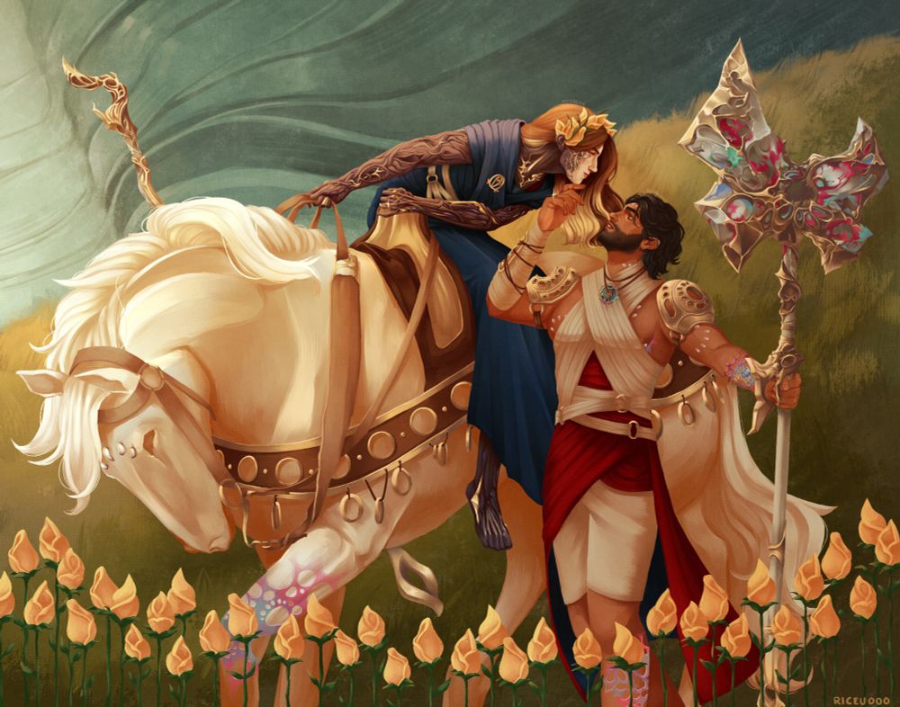 Digital painting of Commune Viktor and Commune Jayce. Viktor sits on a white horse with a gilded saddle. The horse has a row of arcane fingerprints across its head, and a front leg with arcane scattered across it. Viktor leans down to make eye contact with Jayce standing next to him. Viktor's expression is soft, and his long hair frames his face. A headband of gold flowers sits on his head. Jayce's hand is cupping Viktor's chin. He stares up at him in adoration. Jayce is wearing white and red commune robes. His skin is decorated with arcane fingerprints. His pauldrons are made of an organic material similar to bones, matching the commune architecture. He holds his hammer upright with his free hand. Behind them in a grassy field. Gold flowers grow around them. Art by riceuooo on twitter. 