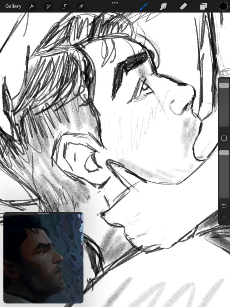 Rough sketch of Jayce deep throating Viktor. There are tears in his eyes and he's staring up lovingly at him. His hair is messy and Viktor is cupping his chin with one hand and holding his hair in the other hand. 