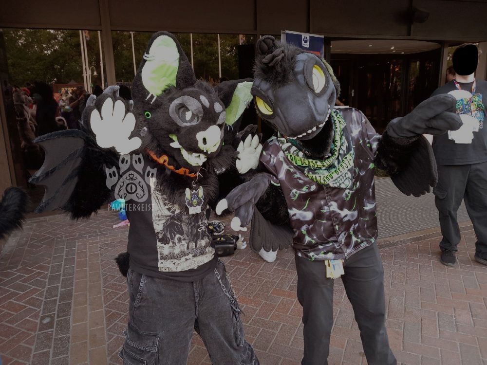Photo of two fursuiters posing for the camera with their arms out. The one on the left is a black, green and grey bat fursuit, the one on the right is a black raptor.