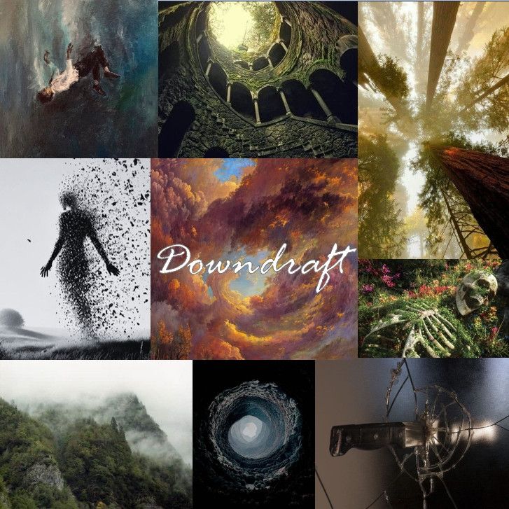 A mood board for the book 'Downdraft' . It depicts various fantastical landscapes alongside themes of darkness and fading away.