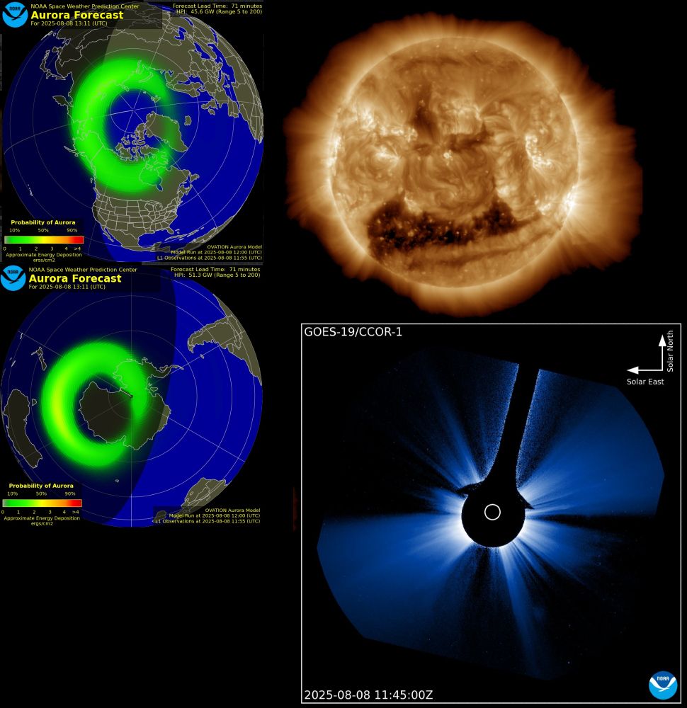 Group of images from noaa space weather showing the aura and the sun at 1145Z
