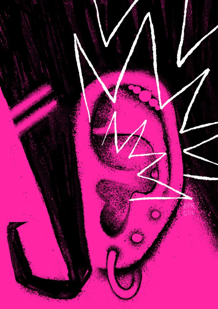 ilustração rosa e preta de uma orelha cheia de piercings com a costeleta formando uma nota musical