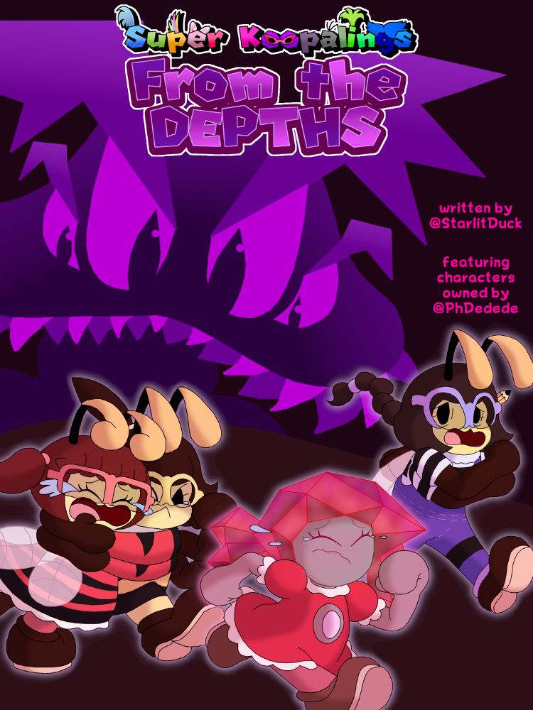 Cover art of a story featuring my Mario OCs titled "From the Depths." It features my OCs Pearl, Belle, Brooke, and Brittany running away from a giant, mutated Goomba chasing them, who is shown as a purple silhouette.