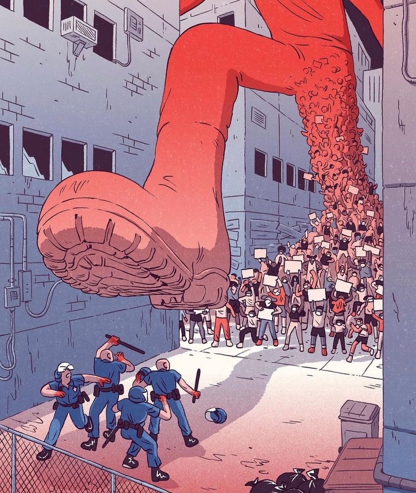 People galvanized into a collective movement forming a boot threatening to stop on fascist enforcers. 

The primary takeaway here is: collectivize, or die.