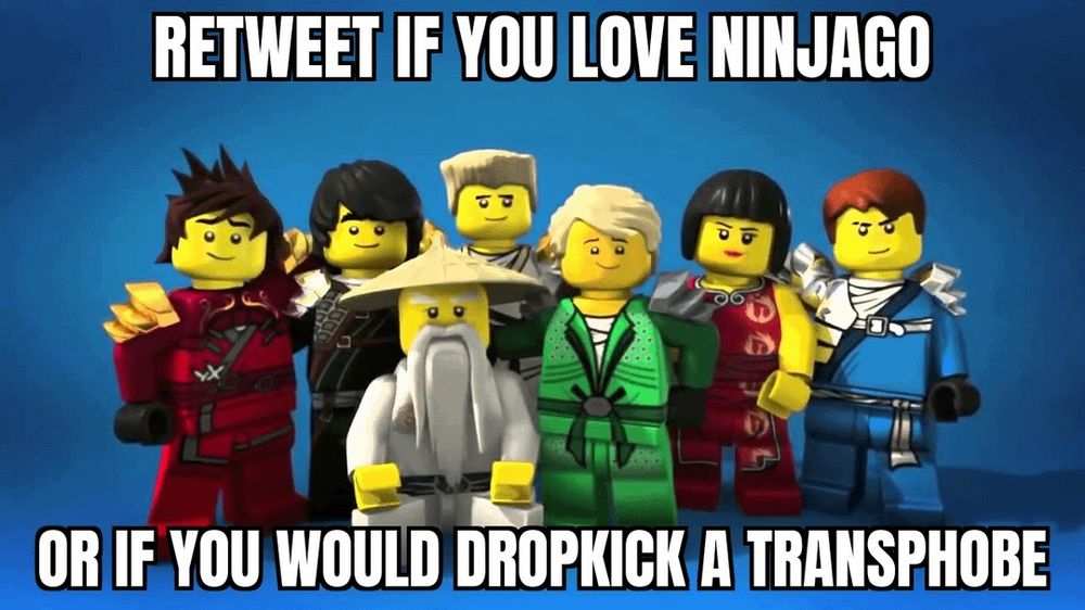 A portrait of the original 4 ninja, Wu, Nya, and aged up Lloyd. There is text that says, "retreat if you love Ninjago...or if you would drop kick a transphobe"