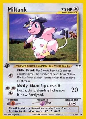 Cute Pokémon card of Miltank, a pink cow Pokémon with a black cowl-like covering. It's waddlin'