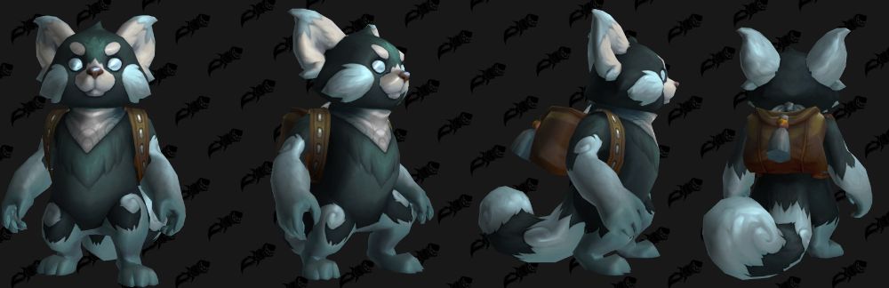 The black, pale pink, and gray Frumpy Softpaw companion pet, it has a brown backpack and pale pink bandanna around its neck.