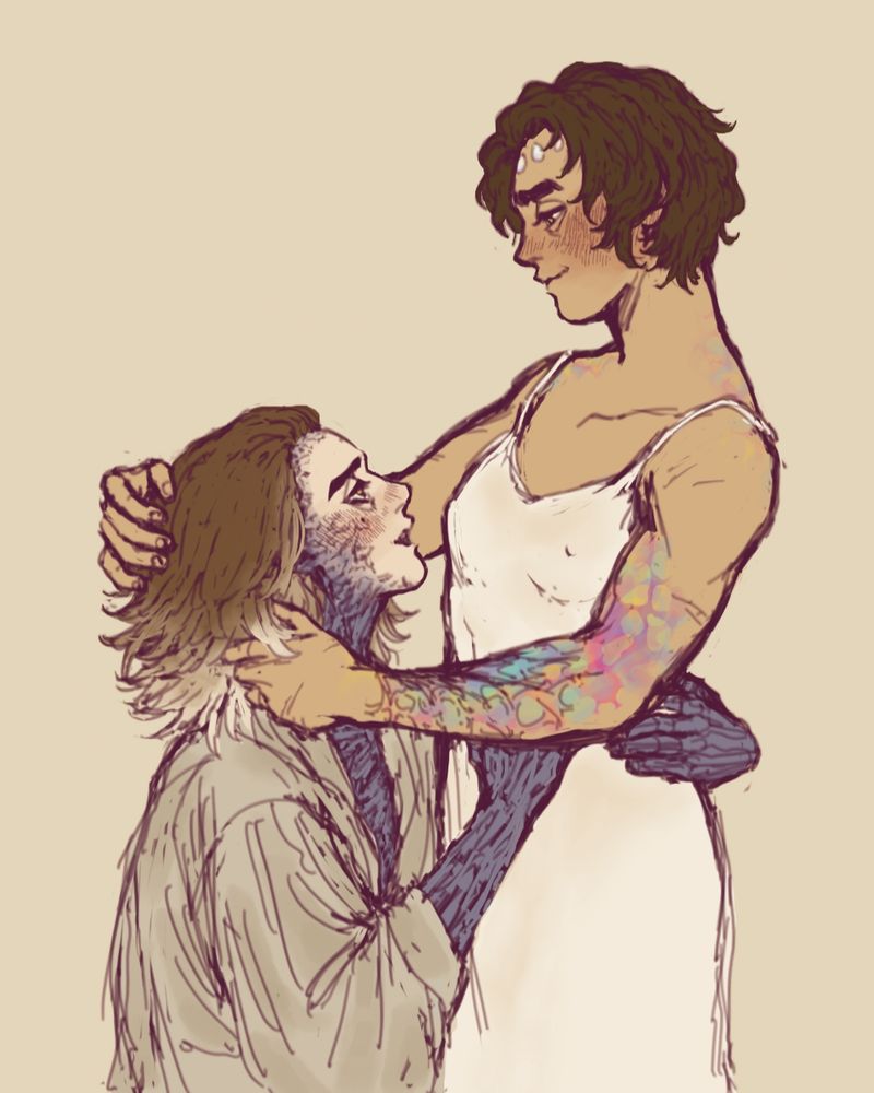 Post jayvik canon.
Viktoria is seated (the reference im using has the man sitting so Vik here is implied to be seated too), her body now returned to her pre-AH form, while Jayce is standing in front of her, arcane corruption rampant on her arm and theres hints of it on her roght shoulder, and the back of her neck. 

Viktoria is looking up at Jayce, adoringly, her hands lovingly on Jayce. Jayce looks Viktoria with the same adoring expression on her face, almost teary eyed. Jayce is threading her fingers through Viktoria's hair.