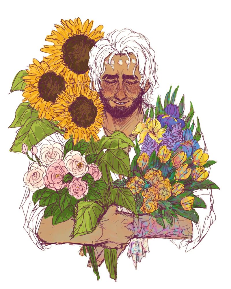 A bashful Jayce holding a bundle of flowers. On his right, he is holding a bouquet of pink and white camellias and three sunflowers. On his left, he is holding 2 bouquets - one is a bouquet of marigolds and tulips (arcane corrupted covering the leaves and flowers) and the other is a bouquet of yellow, purple and blue irises and hyacinths (with some slight arcane corruption on them)