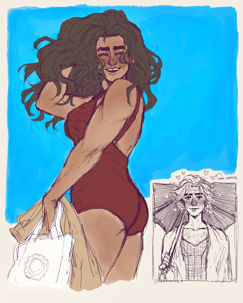 Jayce and Viktoria at the beach. 

Jayce is occupies majority of the page; her body is turned toward the viewer, eyes closed, big smile on her face and wind blowing her hair. She's wearing a red swimwear, and she is holding a beige towel and a white bag with a hear design on it.

In the bottom right corner is Viktoria (uncolored), holding an opened umbrella shielding her from the sun. She admiring Jayce while over-heating from being under the heat of the sun (and overheating because of Jayce), despite being under an umbrella.