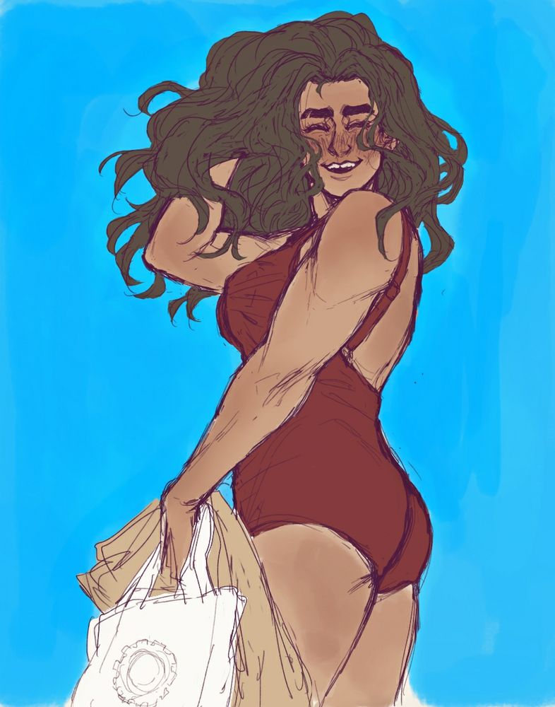 Alt version.

Just Jayce; her body is turned toward the viewer, eyes closed, big smile on her face and wind blowing her hair. She's wearing a red swimwear, and she is holding a beige towel and a white bag with a hear design on it.