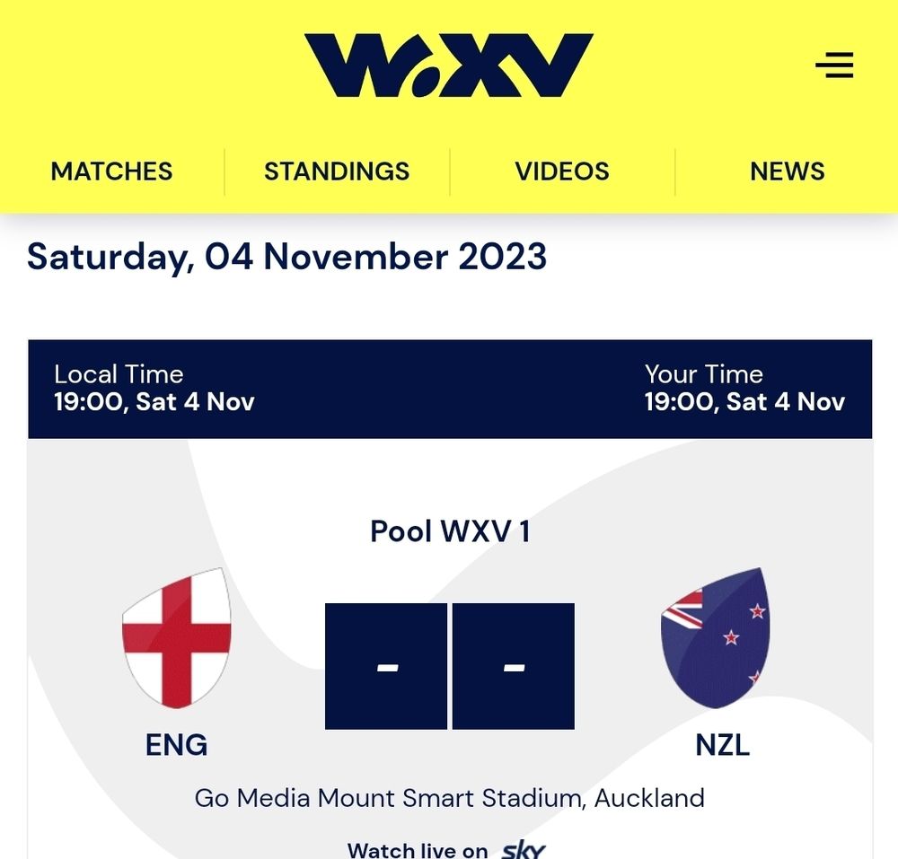 Picture showing match day information for women's rugby fifteens game. New Zealand  versus England. Saturday 4 November 2023 7pm kickoff