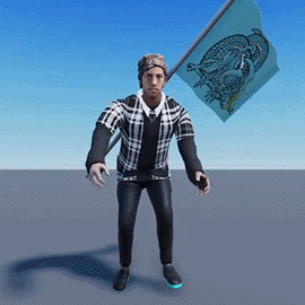 a man in a plaid shirt holds a flag with a dragon on it