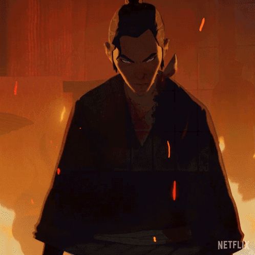 a man in a kimono is standing in front of a fire with netflix written on the bottom