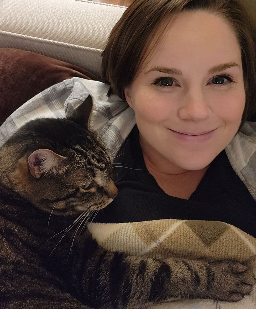 A beautiful mackerel tabby cat snuggles a happy woman with a blanket.