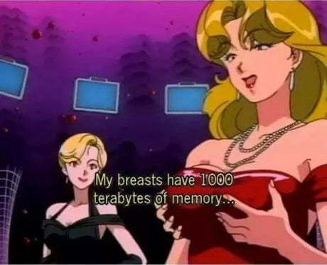 A blonde woman in a red dress cups her large breasts while proclaiming they "have 1000 terabytes of memory". Another blonde in a black dress looks on smiling.