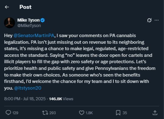 Hey 
@SenatorMartinPA
, I saw your comments on PA cannabis legalization. PA isn’t just missing out on revenue to its neighboring states, it’s missing a chance to make legal, regulated, age-restricted access the standard. Saying “no” leaves the door open for cartels and illicit players to fill the gap with zero safety or age protections. Let’s prioritize health and public safety and give Pennsylvanians the freedom to make their own choices. As someone who’s seen the benefits firsthand, I’d welcome the chance for my team and I to sit down with you. 
@itstyson20