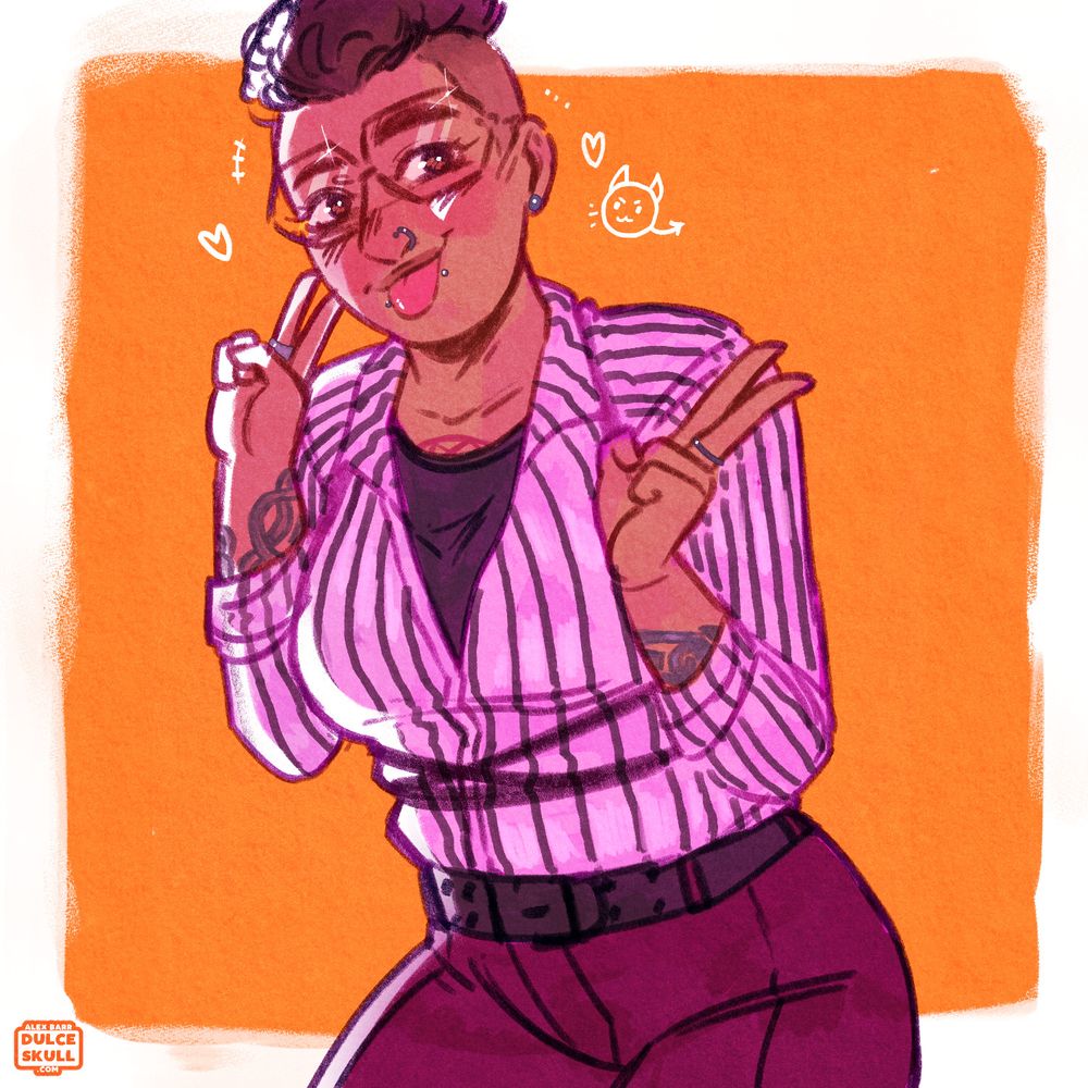 (They/Them) A person with glasses giving peace signs to the viewer in a sketch style. 