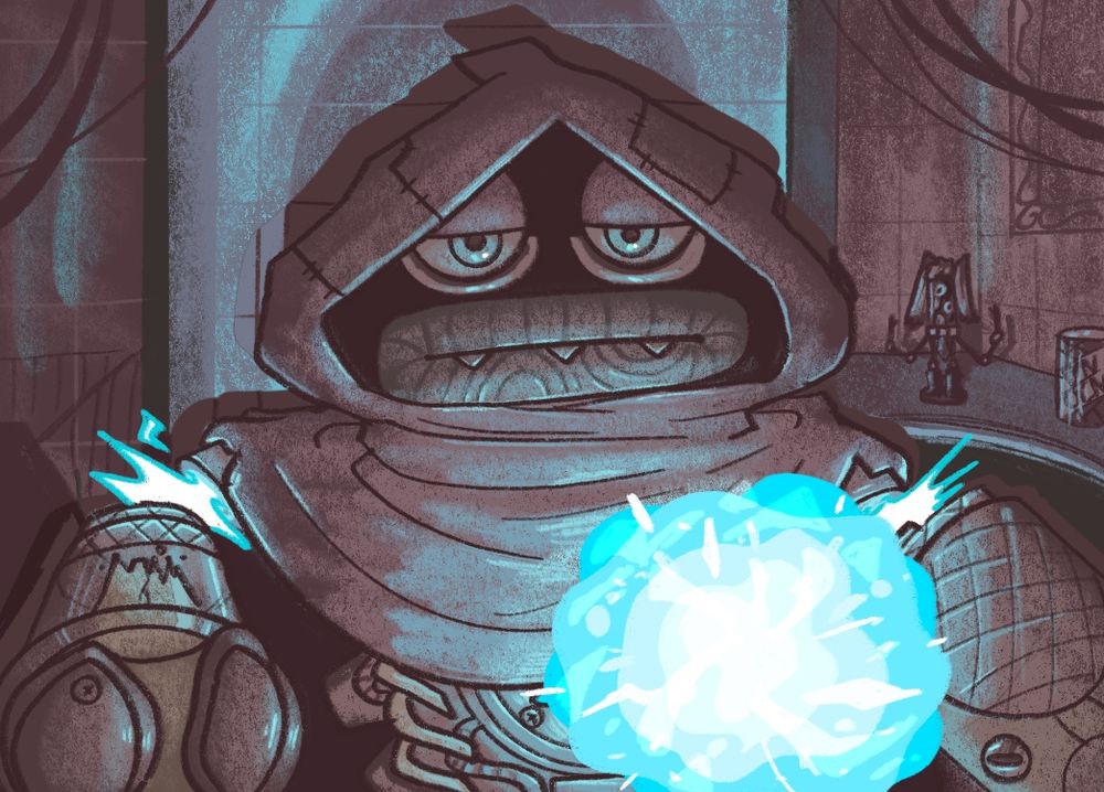 A drawing of ethereal epic wubbox pondering the polarity amplifier. Made to reference the art of the wizard pondering his orb.