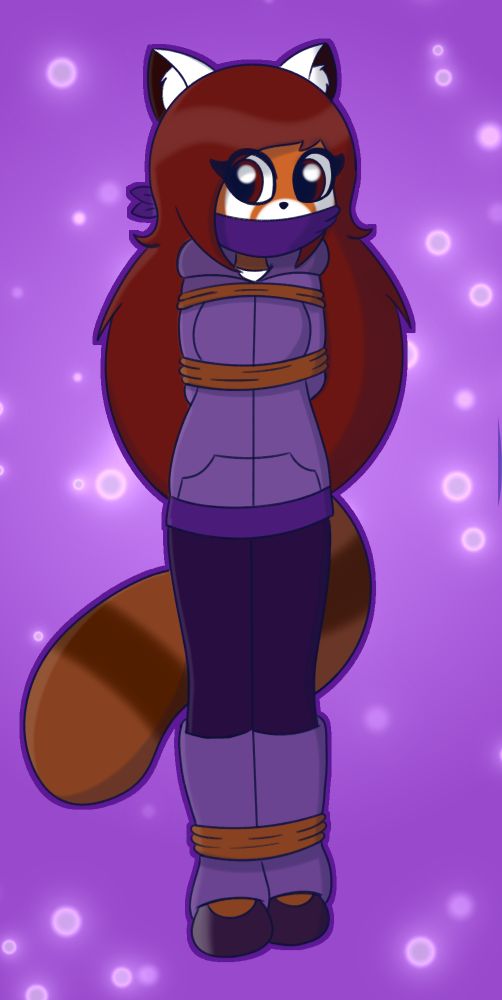 A cute red panda with long red hair, wearing a hoodie, leggings, flats and leg warmers, all in a purple-ish color scheme snuggly tied up with ropes and gagged with a piece of cloth