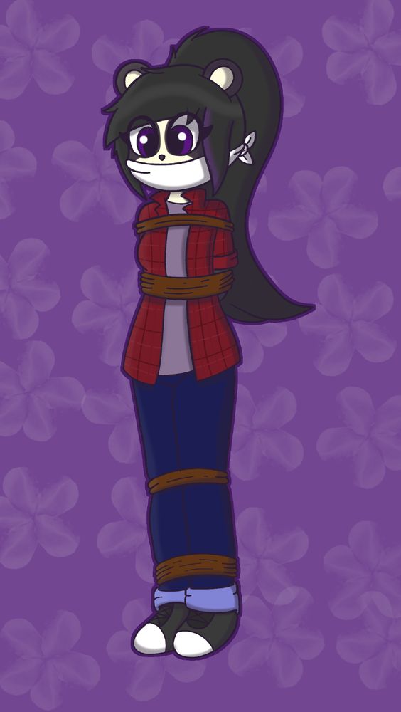 Panda girl with long hair and purple eyes tied up with ropes, gagged with a white cloth, wearing a red flannel, dark blue jeans and black sneakers